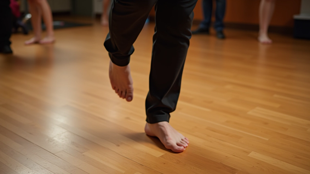 Salsa dancer demonstrating the basic step footwork pattern on a wooden dance floor
