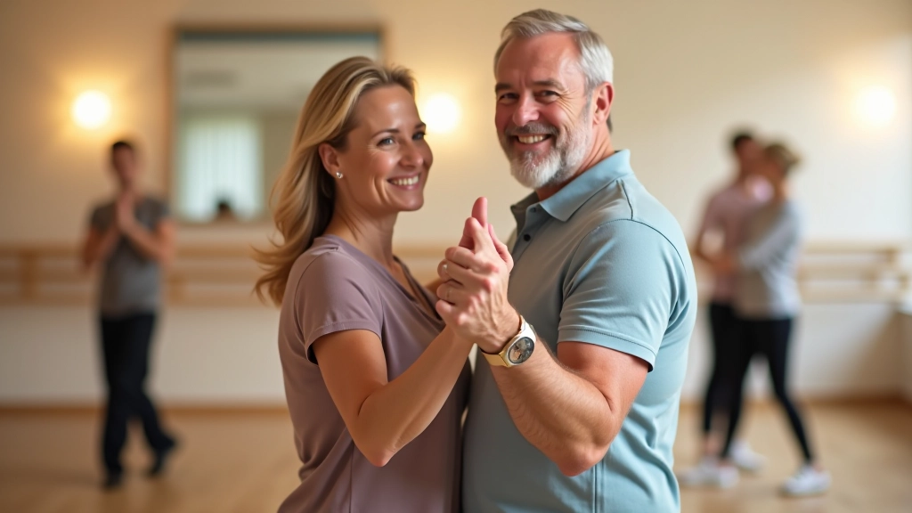 Adults dancing together with joy and health benefits visible