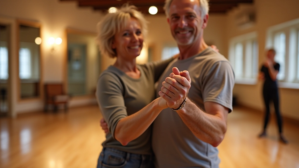 Mature adult couple dancing together in a bright studio with wooden floor and mirrors