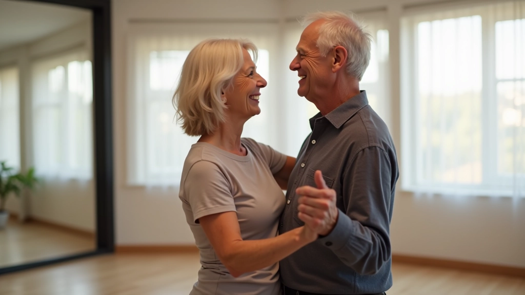 Two mature adult dancers practicing salsa together with proper posture and connection