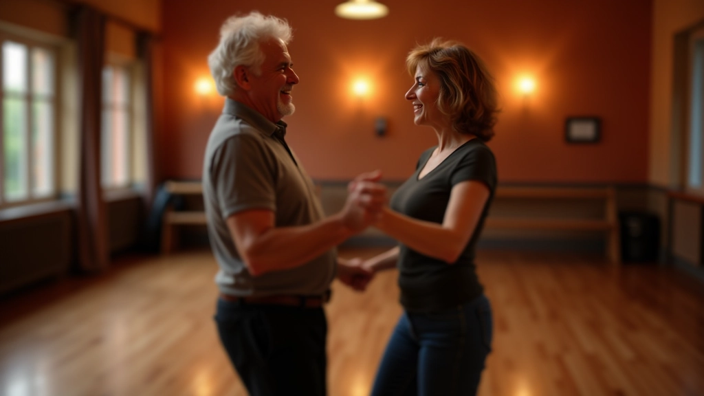 Older couple dancing bachata, fully clothed, in an indoor studio with wooden flooring and warm ambient lighting