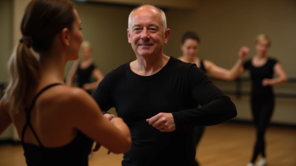 Experienced dance instructor demonstrating proper hip movement and posture to a student