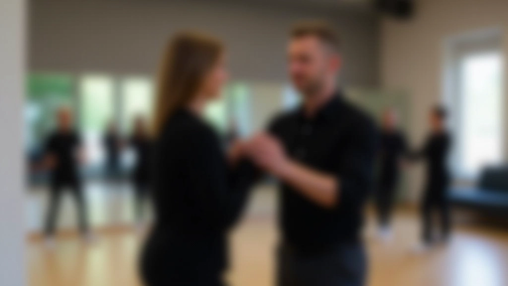 Dance instructor demonstrating basic bachata posture and frame with a student in a studio setting