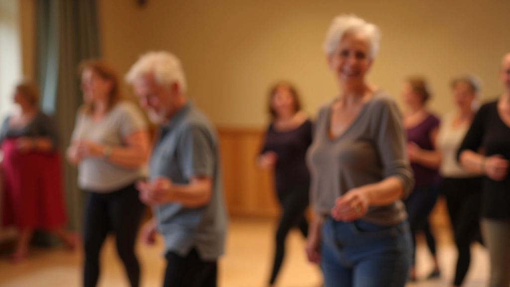Welcoming dance studio with mature students laughing and enjoying class together