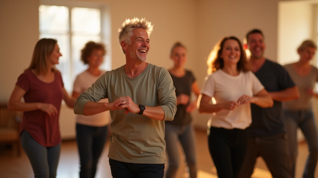 Group of mature adults enjoying social dancing together in a welcoming studio