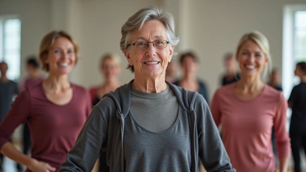 Small group of mature adults in a dance class, smiling and concentrating on learning basic steps