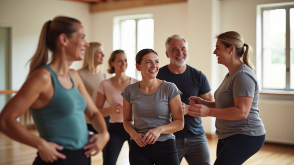 Group of happy mature dancers socialising and laughing together in a studio