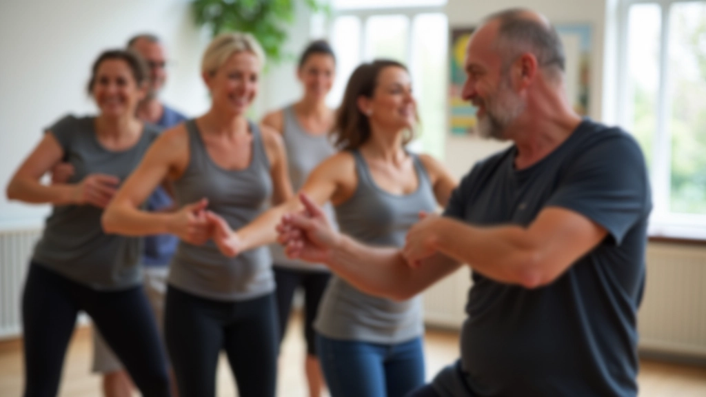 Small group of mature adults learning dance basics in a bright studio, smiling and engaged