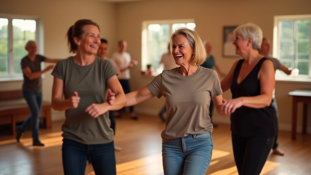 Mature adults enjoying social dance class together in a bright studio with wooden floors and mirrors