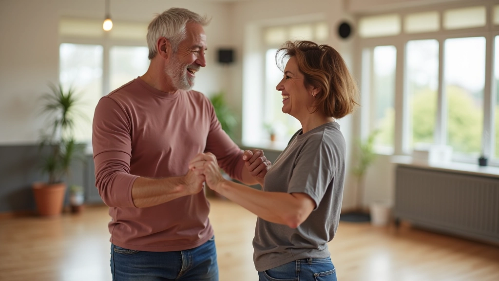 Mature adults enjoying social dance class together in bright studio