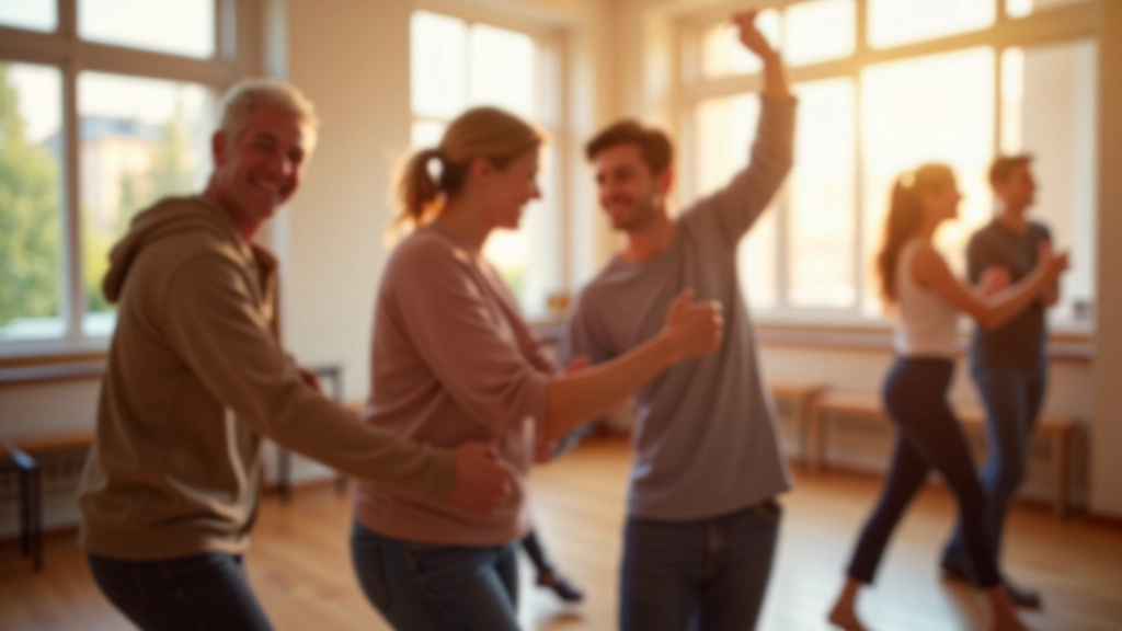 Mature adults dancing together in a bright studio with natural light streaming through windows
