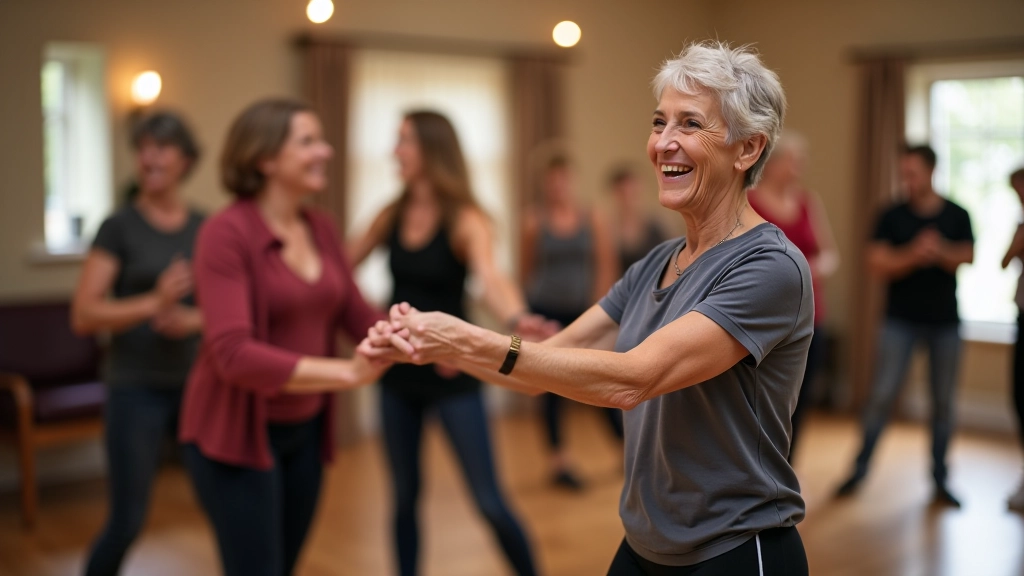 Welcoming dance studio interior with mature students laughing and enjoying class together