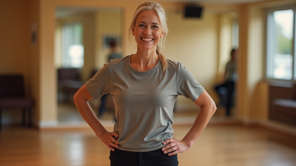 Woman in her 50s, fully clothed in casual dancewear, smiling with confidence during a dance lesson, bright studio lighting, portrait from chest up